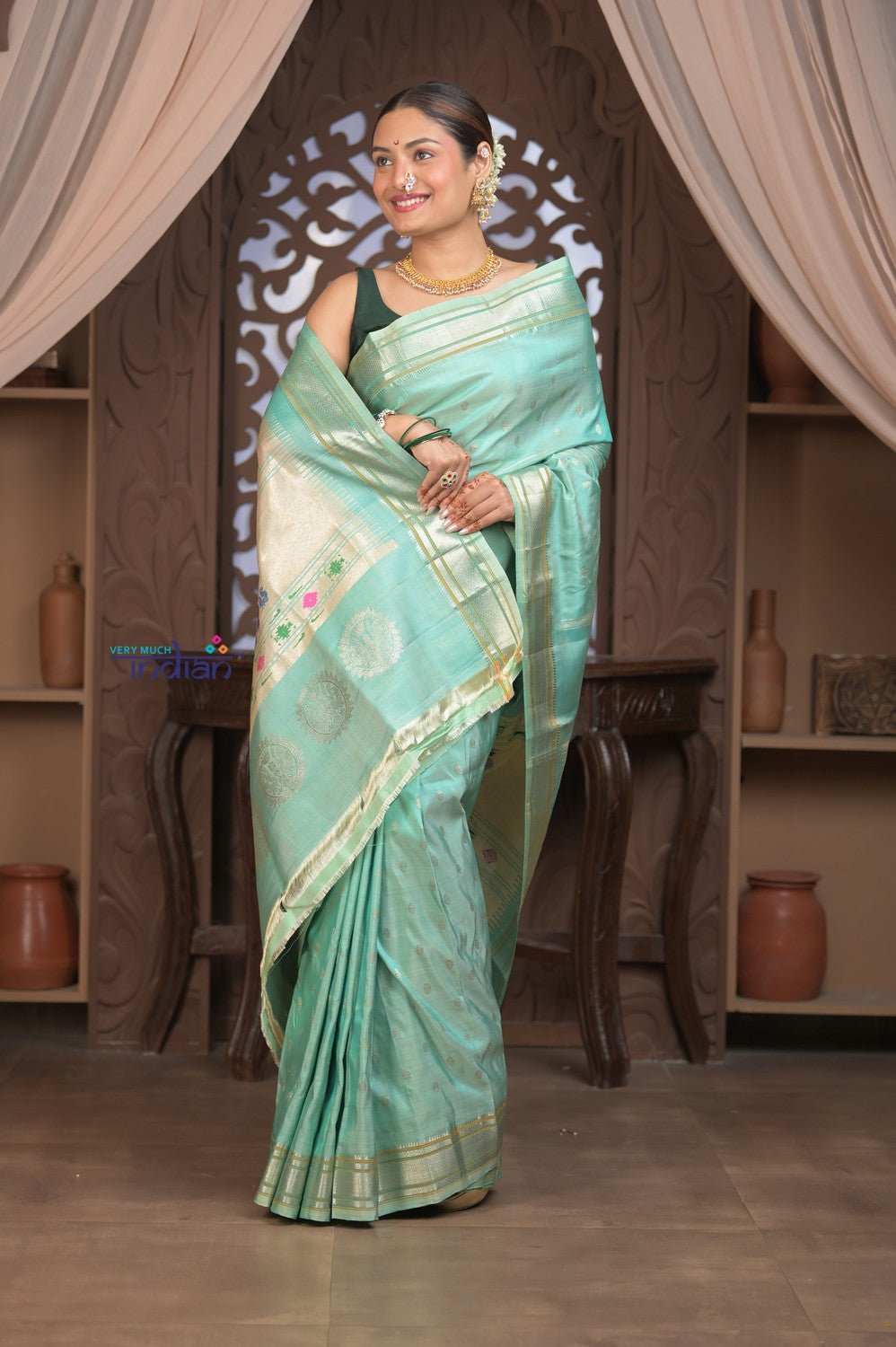 Gauri ~ Handloom Pure Silk Maharani Paithani with Maharani Pallu in Sea Green - verymuchindian.com