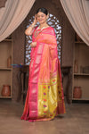 Gauri ~ Handloom Pure Silk Paithani with Designer Tawa Lotus Pallu in Orange and Pink - verymuchindian.com