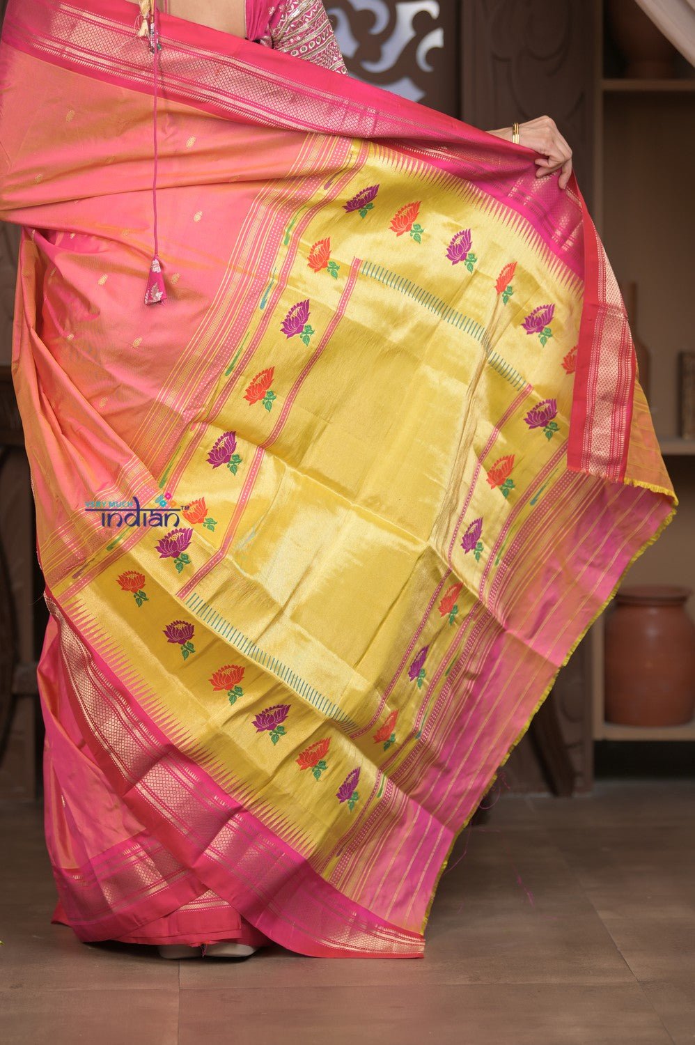 Gauri ~ Handloom Pure Silk Paithani with Designer Tawa Lotus Pallu in Orange and Pink - verymuchindian.com