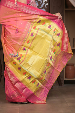 Gauri ~ Handloom Pure Silk Paithani with Designer Tawa Lotus Pallu in Orange and Pink - verymuchindian.com