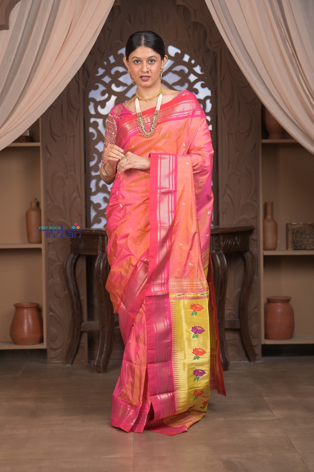 Gauri ~ Handloom Pure Silk Paithani with Designer Tawa Lotus Pallu in Orange and Pink - verymuchindian.com