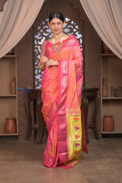 Gauri ~ Handloom Pure Silk Paithani with Designer Tawa Lotus Pallu in Orange and Pink - verymuchindian.com