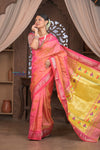 Gauri ~ Handloom Pure Silk Paithani with Designer Tawa Lotus Pallu in Orange and Pink - verymuchindian.com