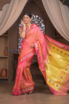 Gauri ~ Handloom Pure Silk Paithani with Designer Tawa Lotus Pallu in Orange and Pink - verymuchindian.com
