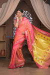Gauri ~ Handloom Pure Silk Paithani with Designer Tawa Lotus Pallu in Orange and Pink - verymuchindian.com