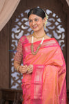 Gauri ~ Handloom Pure Silk Paithani with Designer Tawa Lotus Pallu in Orange and Pink - verymuchindian.com