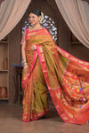 Gauri ~ Handloom Pure Silk Paithani with Fancy Parrot Pallu in Dual Tone Red Green - verymuchindian.com