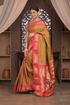 Gauri ~ Handloom Pure Silk Paithani with Fancy Parrot Pallu in Dual Tone Red Green - verymuchindian.com