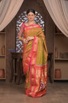 Gauri ~ Handloom Pure Silk Paithani with Fancy Parrot Pallu in Dual Tone Red Green - verymuchindian.com