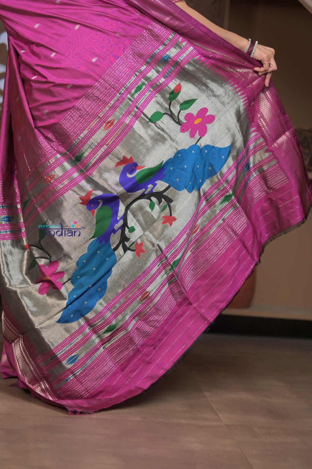 Gauri ~ Handloom Pure Silk Paithani with Fancy Peacock Pallu in Gleaming Violet - verymuchindian.com