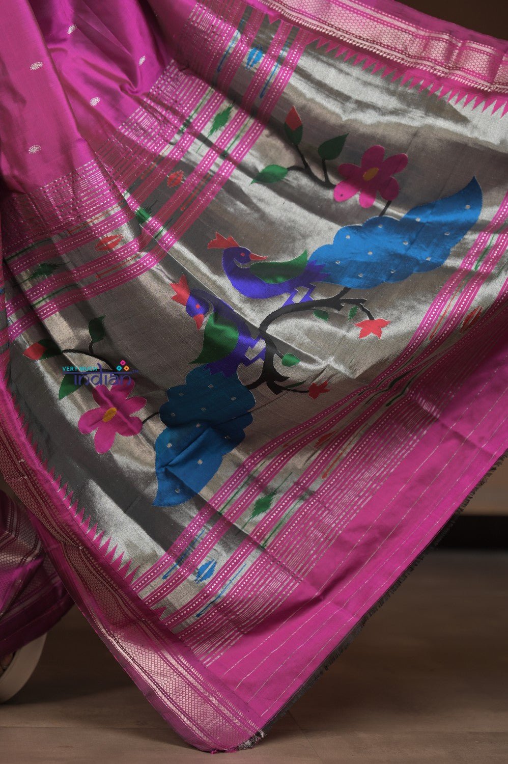 Gauri ~ Handloom Pure Silk Paithani with Fancy Peacock Pallu in Gleaming Violet - verymuchindian.com