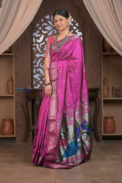 Gauri ~ Handloom Pure Silk Paithani with Fancy Peacock Pallu in Gleaming Violet - verymuchindian.com