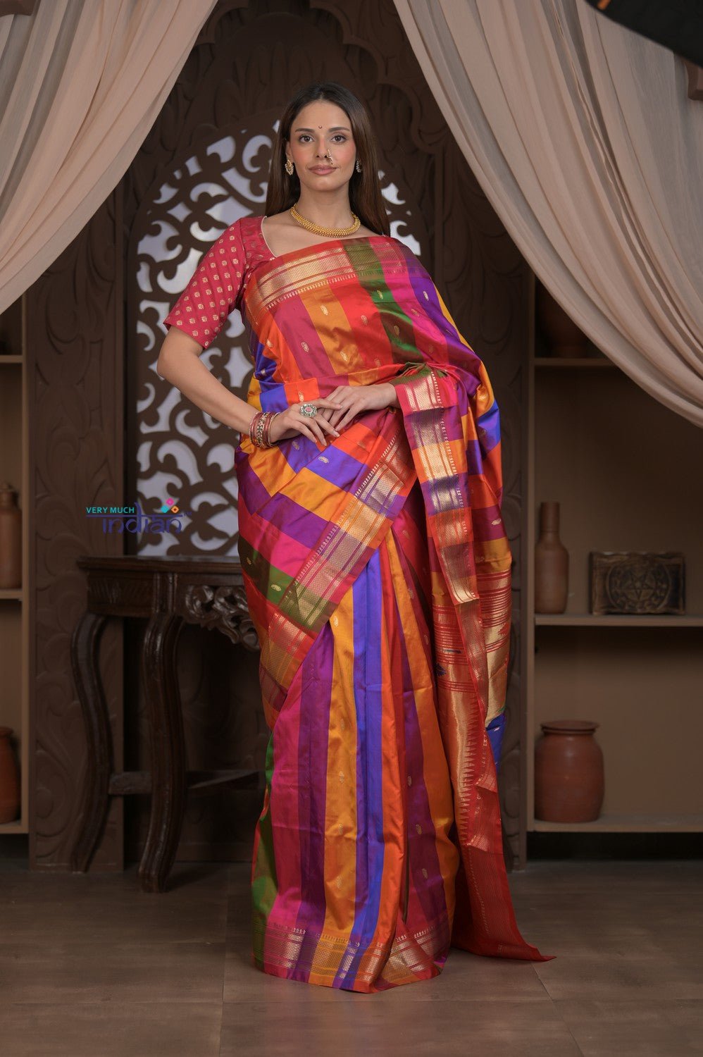 Gauri ~ Handloom Pure Silk Paithani with Fancy Peacock Pallu in Multicolor - verymuchindian.com