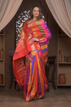 Gauri ~ Handloom Pure Silk Paithani with Fancy Peacock Pallu in Multicolor - verymuchindian.com