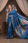 Gauri ~ Handloom Pure Silk Paithani with Fancy Peacock Pallu in Ocean Blue - verymuchindian.com