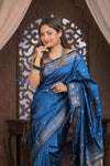 Gauri ~ Handloom Pure Silk Paithani with Fancy Peacock Pallu in Ocean Blue - verymuchindian.com