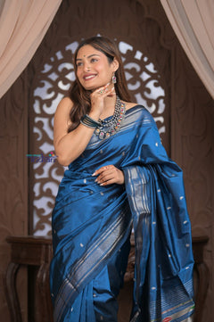 Gauri ~ Handloom Pure Silk Paithani with Fancy Peacock Pallu in Ocean Blue - verymuchindian.com