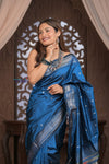 Gauri ~ Handloom Pure Silk Paithani with Fancy Peacock Pallu in Ocean Blue - verymuchindian.com