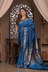 Gauri ~ Handloom Pure Silk Paithani with Fancy Peacock Pallu in Ocean Blue - verymuchindian.com