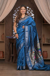 Gauri ~ Handloom Pure Silk Paithani with Fancy Peacock Pallu in Ocean Blue - verymuchindian.com