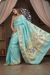 Gauri ~ Handloom Pure Silk Paithani with Fancy Peacock Pallu in Sea Green - verymuchindian.com