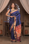 Gauri ~ Handloom Pure Silk Paithani with Most Traditional Double Pallu in Dark Blue - verymuchindian.com