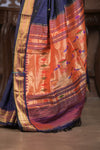 Gauri ~ Handloom Pure Silk Paithani with Most Traditional Double Pallu in Dark Blue - verymuchindian.com