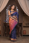 Gauri ~ Handloom Pure Silk Paithani with Most Traditional Double Pallu in Dark Blue - verymuchindian.com
