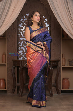 Gauri ~ Handloom Pure Silk Paithani with Most Traditional Double Pallu in Dark Blue - verymuchindian.com