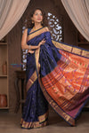 Gauri ~ Handloom Pure Silk Paithani with Most Traditional Double Pallu in Dark Blue - verymuchindian.com