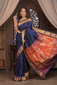 Gauri ~ Handloom Pure Silk Paithani with Most Traditional Double Pallu in Dark Blue - verymuchindian.com