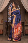 Gauri ~ Handloom Pure Silk Paithani with Most Traditional Double Pallu in Dark Blue - verymuchindian.com