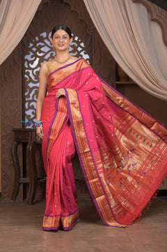 Gauri ~ Handloom Pure Silk Paithani with Most Traditional Double Pallu in Pink and Purple - verymuchindian.com
