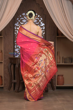 Gauri ~ Handloom Pure Silk Paithani with Most Traditional Double Pallu in Pink and Purple - verymuchindian.com