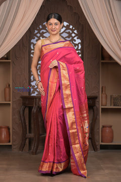 Gauri ~ Handloom Pure Silk Paithani with Most Traditional Double Pallu in Pink and Purple - verymuchindian.com