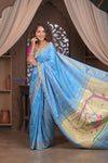 Gauri ~ Handloom Pure Silk Paithani with Traditional Radha Krishna Pallu in Sky Blue - verymuchindian.com