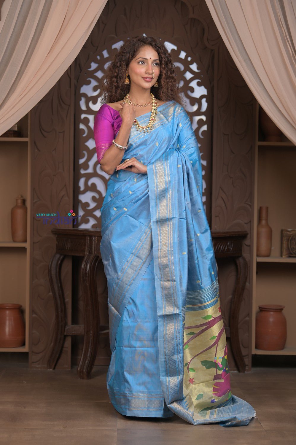 Gauri ~ Handloom Pure Silk Paithani with Traditional Radha Krishna Pallu in Sky Blue - verymuchindian.com