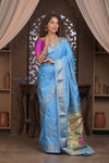 Gauri ~ Handloom Pure Silk Paithani with Traditional Radha Krishna Pallu in Sky Blue - verymuchindian.com