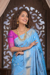 Gauri ~ Handloom Pure Silk Paithani with Traditional Radha Krishna Pallu in Sky Blue - verymuchindian.com