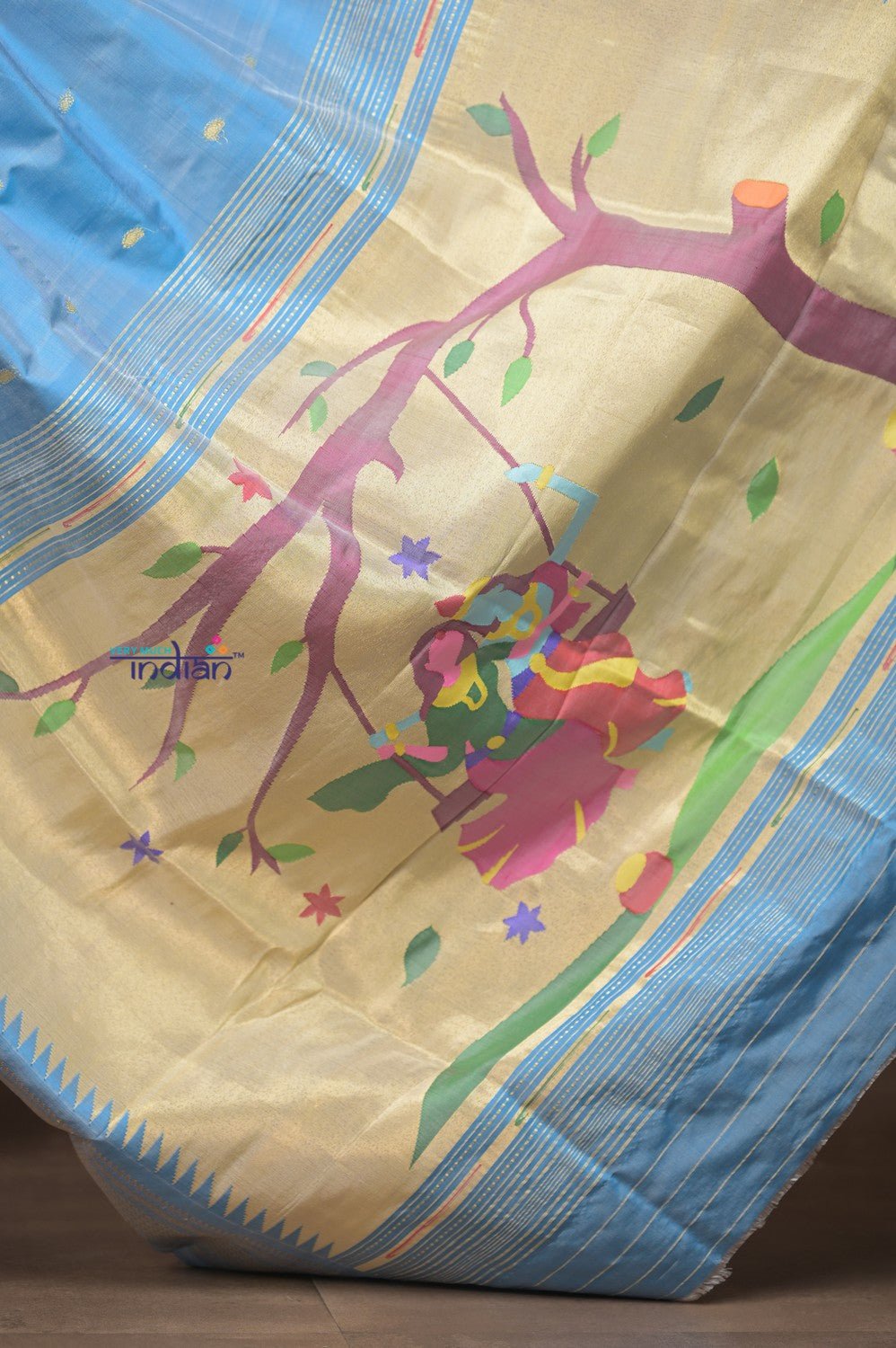Gauri ~ Handloom Pure Silk Paithani with Traditional Radha Krishna Pallu in Sky Blue - verymuchindian.com