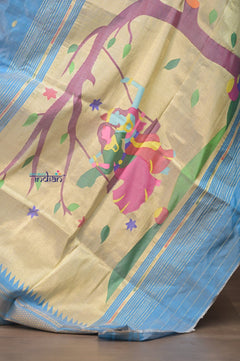 Gauri ~ Handloom Pure Silk Paithani with Traditional Radha Krishna Pallu in Sky Blue - verymuchindian.com