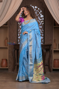Gauri ~ Handloom Pure Silk Paithani with Traditional Radha Krishna Pallu in Sky Blue - verymuchindian.com