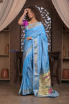 Gauri ~ Handloom Pure Silk Paithani with Traditional Radha Krishna Pallu in Sky Blue - verymuchindian.com