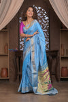 Gauri ~ Handloom Pure Silk Paithani with Traditional Radha Krishna Pallu in Sky Blue - verymuchindian.com