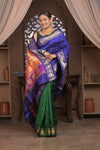 Gauri Premium ~ Designer Handloom Pure Silk Half-and-Half Paithani with Traditional Double Pallu in Royal Blue and Green - verymuchindian.com