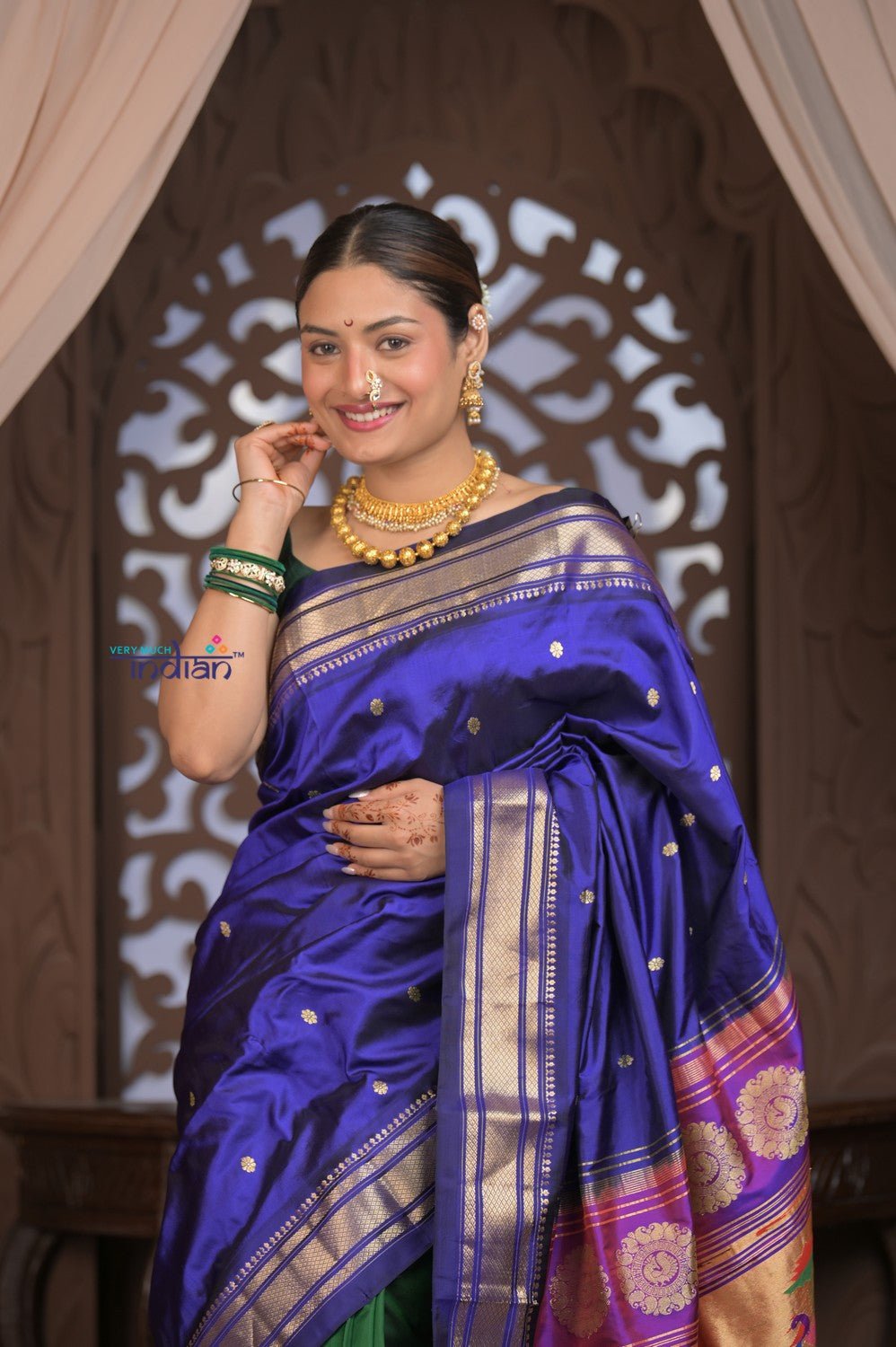 Gauri Premium ~ Designer Handloom Pure Silk Half-and-Half Paithani with Traditional Double Pallu in Royal Blue and Green - verymuchindian.com