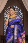 Gauri Premium ~ Designer Handloom Pure Silk Half-and-Half Paithani with Traditional Double Pallu in Royal Blue and Green - verymuchindian.com