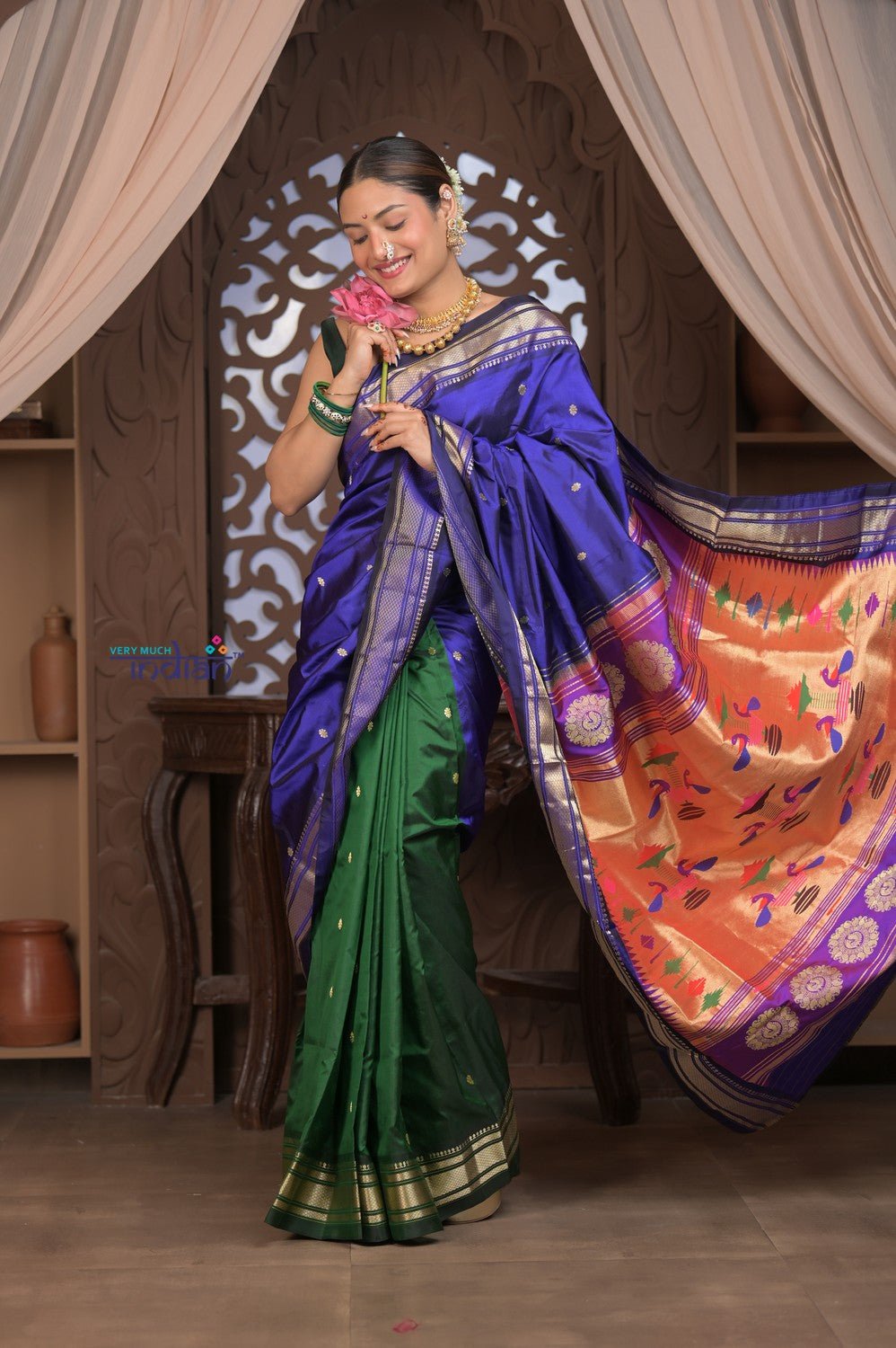 Gauri Premium ~ Designer Handloom Pure Silk Half-and-Half Paithani with Traditional Double Pallu in Royal Blue and Green - verymuchindian.com