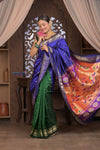 Gauri Premium ~ Designer Handloom Pure Silk Half-and-Half Paithani with Traditional Double Pallu in Royal Blue and Green - verymuchindian.com
