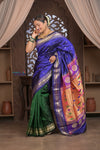 Gauri Premium ~ Designer Handloom Pure Silk Half-and-Half Paithani with Traditional Double Pallu in Royal Blue and Green - verymuchindian.com